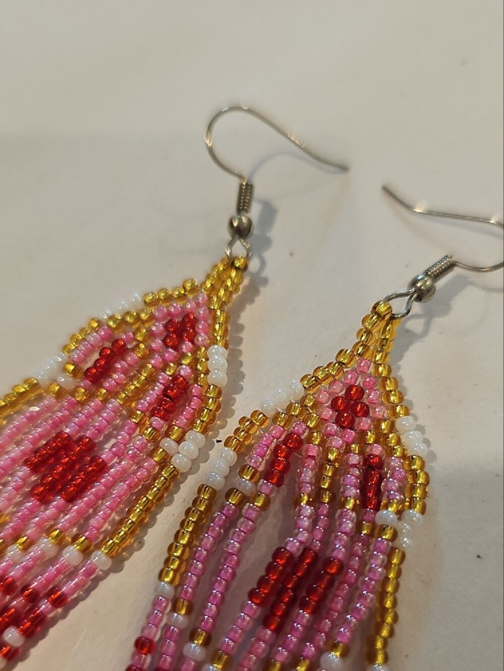 Gold-Accented Pink & Red Beaded Fringe Earrings - Picture 3 of 7